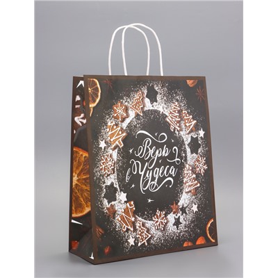 Пакет бумажный подарочный новогодний крафт «Верь в чудеса» 32×26×11 см