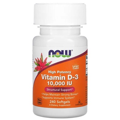 Now Foods, высокоактивный витамин D-3, 10 000 МЕ, 240 капсул