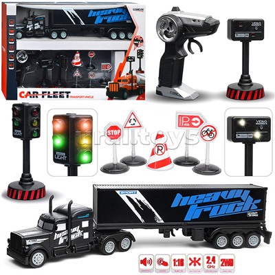 Машина  "Контейнеровоз" с дорожными знаками (чёрный) р/у, 27 MHz, в коробке