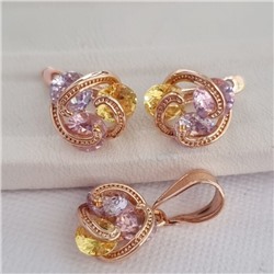 Комплект ювелирная бижутерия коллекция  "Дубай" серьги и кулон, покрытие: позолота, вставка: фианиты, цвет: разноцветный, арт.215.429