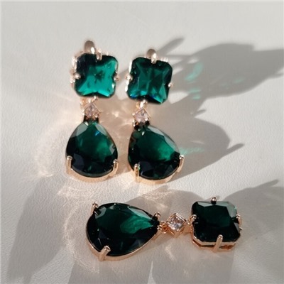 Комплект ювелирной бижутерии Дубайское золото: серьги и кулон с крупным камнем, покрытие позолота, вставка: фианит, цвет: изумрудный, арт.414.034