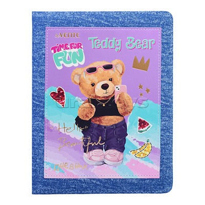 Дневник 1-11 кл. "Teddy Bear" универсальный блок, 48 листов, белая бумага 80 г/м2, печать в 1 краску, твердая обложка из джинсовой ткани с поролоном, аппликация из искусственной кожи, цветная печать, тиснение фольгой, отстрочка, цветной форзац, 1 ляссе
