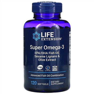 Life Extension, супер омега-3 из рыбьего жира с ЭПК и ДГК, с лигнанами кунжута и экстрактом оливы, 120 капсул