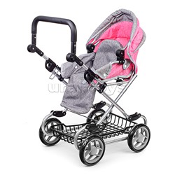 Коляска зима-лето для кукол, металл. с люлькой-переноской, с корзиной, цвет серо-розовый