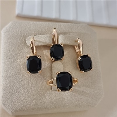 Комплект ювелирной бижутерии коллекция "Дубай" серьги, кулон и кольцо 19 р, покрытие позолота, вставка: стекло, цвет: черный, арт.414.317-19