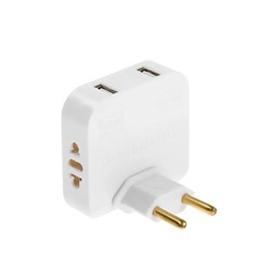 Тройник плоский, поворотный, 2 розетки, 10А, 2 USB, без з/к, белый