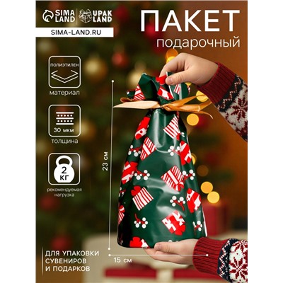 Пакет полиэтиленовый подарочный «Новогодние подарки», с завязками, 15×23 см
