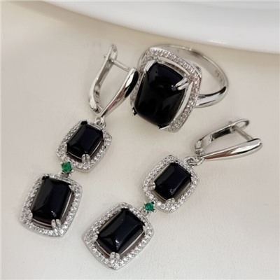 Комплект ювелирной бижутерии серьги и кольцо 18 р, покрытие посеребрение, вставка: фианиты и искусственный камень, цвет: черный и прозрачный, арт.313.159-18