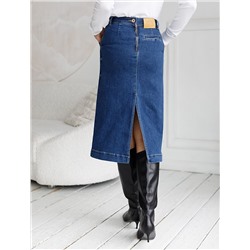 Джинсовая юбка прямая с разрезом и декоративной стиркой  из эластичного денима