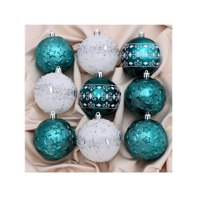 Ёлочные игрушки «Джейн - узоры звёзды», d=8 см, набор 9 шт., зелёно-белый