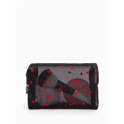 Косметичка женская HEARTS, с рисунком, сетка, на молнии, чёрная