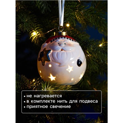 Ёлочный шар с подсветкой «Дед Мороз», 10×8.6×8.6 см, 1 LED, керамика, от батареек LR44×3, керамика, свечение тёплое белое