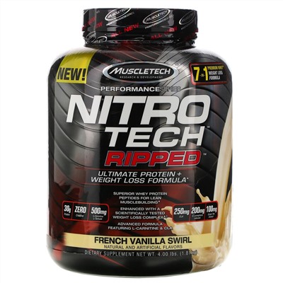 Muscletech, Nitro Tech Ripped, чистый протеин + формула для похудения, французская ваниль, 1,81 кг (4 фунта)