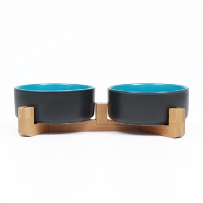 Миски, 450 мл, 28.5×15.5×7 с, 2 шт., на подставке, керамика, серая, голубая