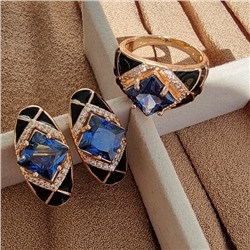 Комплект ювелирной бижутерии Дубайское золото серьги и кольцо, покрытие позолота, вставка: эмаль и фианиты, цвет: черный и синий, р-р 18, арт.314.458-18