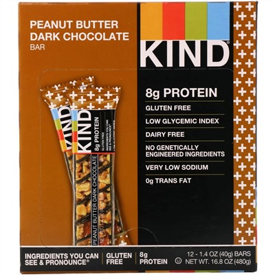 KIND Bars, Kind Plus, батончик из темного шоколада с арахисовой пастой, 12 батончиков по 40 г (1,4 унции)