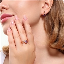 Комплект ювелирная бижутерия коллекция  "Дубай" серьги и кольцо 17 р, покрытие: позолота, вставка: фианиты, цвет: фиолетовый и прозрачный, арт.215.470-17