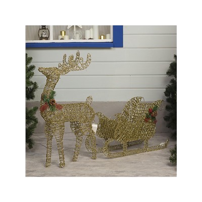 Светодиодная фигура «Олень с санями золотистый», олень: 50×85×18 см, сани: 70×43×22 см, металл, 220 В, свечение тёплое белое