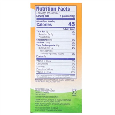 Plum Organics, Organics  Applesauce Mashups with Carrot & Mango, 4 Pouches, 3.17 oz (90 g) Each