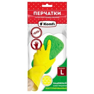 Перчатки хозяйственные латексные "Для деликатной уборки" с х/б напылением L желтые DGL018L Komfi