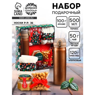 Подарочный набор новогодний «Веселья в новом году»: чай со вкусом лесных ягод 50 г, крем-мед хлопковый 120 г, арахис в шоколадной глазури, 100 г, носки р-р: 36...