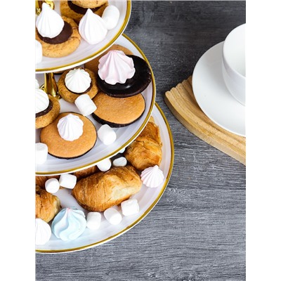 Ваза для фруктов 3-х ярусная 15/20/25 Круг белая золотой обод / D-1245 /уп 65/ Пластик