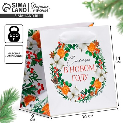 Пакет подарочный новогодний ламинированный квадратный «Счастье», 14×14×9 см