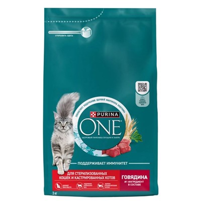 Сухой корм Purina One для стерилизованных кошек, говядина/пшеница,3 кг