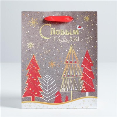 Пакет подарочный новогодний крафтовый «Новогодние ёлки», 18×23×10 см