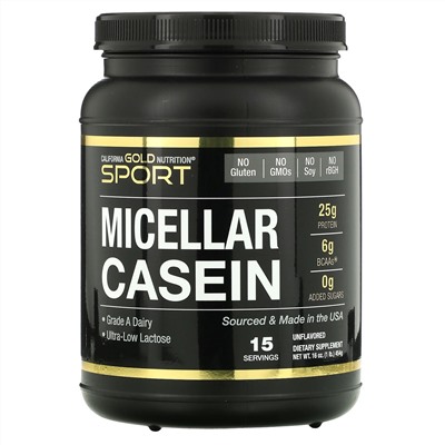 California Gold Nutrition, протеин мицеллярного казеина, без добавок, медленное усвоение, 454 г (16 унций)