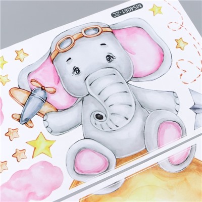 Наклейка интерьерная цветная «Слонёнок с самолётом», набор 2 листа, 30×60 см