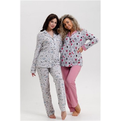 Пижама женская с брюками арт. ПД-006В (Клетка розовый/серый)