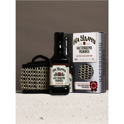 Подарочный набор «На удачу», гель для душа во флаконе виски, чёрный и мочалка лента, Чистое счастье