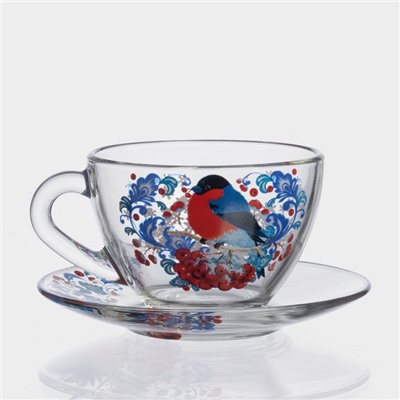 Чайная пара новогодняя «Снегири на рябине», 200 мл, блюдце d=13 см, стекло, прозрачная