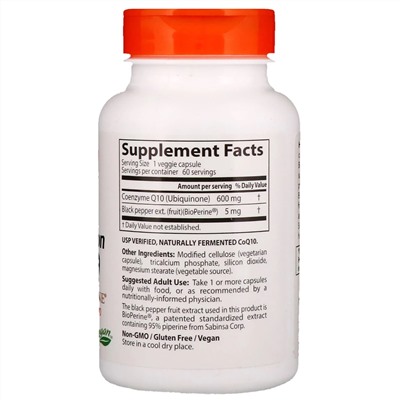 Doctor's Best, Коэнзим CoQ10 с высокой степенью всасывания, с BioPerine, 600 мг, 60 растительных капсул