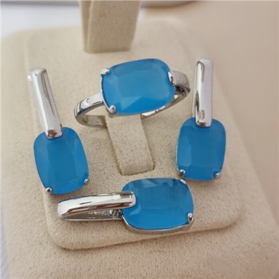 Комплект ювелирной бижутерии коллекция "Дубай" серьги, кулон и кольцо 19 р покрытие посеребрение, вставка: стекло, цвет: бирюзовый матовый, арт.215.531-19