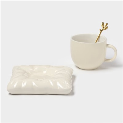 Чайная пара «Зефирка», 3 предмета: чашка 250 мл, блюдце d=13.7 см, ложка, керамика, бежевая