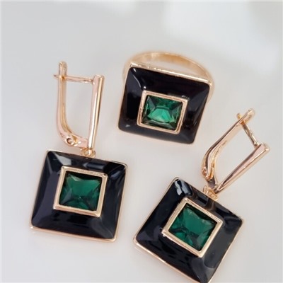 Комплект ювелирной бижутерии коллекция "Дубай" серьги и кольцо 18 р, покрытие позолота, вставка: цветная эмаль и крупный фианит, цвет: зеленый и черный, арт.215.337-18