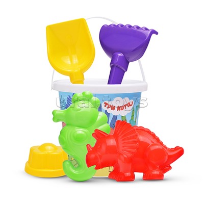 Песочный набор "Три кота" №16: Ведро с наклейкой, лопатка №5, грабельки №5, формочки (цветок + морской конёк + динозавр №1)
