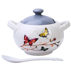 60128 Сахарница с крышкой 375мл с ложкой 3пр Бабочки в саду доломит LR (х36)