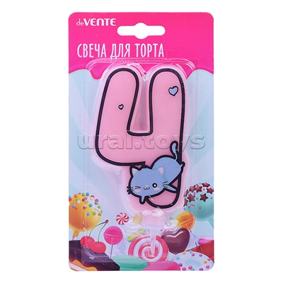 Свеча-цифра для торта "Котик" 4, размер свечки 9,1x6,6x1 см, с рисунком, розовая, в картонном блистере