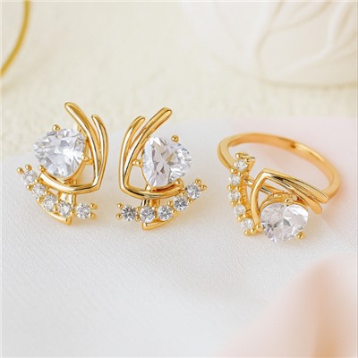 Комплект ювелирной бижутерии коллекция "Дубай" серьги и кольцо 19 р, покрытие позолота,  вставка: фианиты, цвет: прозрачный, арт.217.379-19