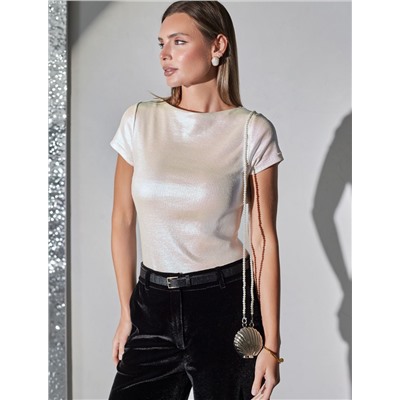 Футболка облегающая из хлопка в рубчик с вырезом лодочка с матовым покрытием металлик