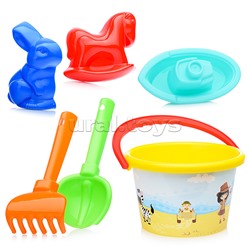 Набор №251: ведро среднее с наклейкой, совок №2, грабельки №2, формочки (заяц + лошадка), кораблик "