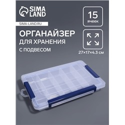 Органайзер для хранения мелочей, с подвесом, 15 ячеек, 27×17×4.3 см, прозрачный, синий