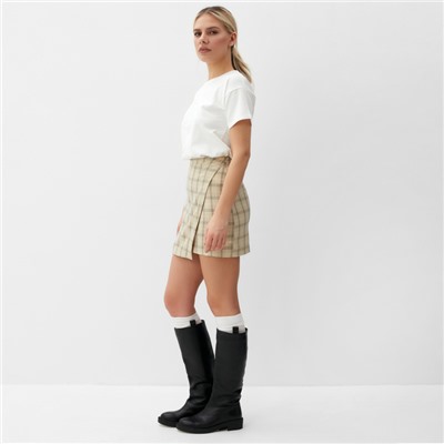 Юбка мини на запах женская MINAKU: Casual Collection, клетка бежевая, размер 48