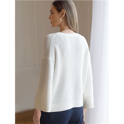 Укороченный джемпер с широкими рукавами рельефной вязки из хлопка с акрилом