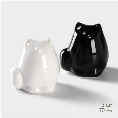 Набор фарфоровый для специй на бамбуковой подставке BellaTenero «Котики», 3 предмета: солонка, перечница, подставка, белый, чёрный