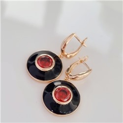 Серьги подвески ювелирная бижутерия коллекция "Дубай" покрытие позолота, вставка: цветная эмаль и крупный фианит, цвет: красно-оранжевый и черный, арт.215.347