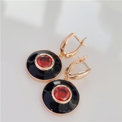 Серьги подвески ювелирная бижутерия коллекция "Дубай" покрытие позолота, вставка: цветная эмаль и крупный фианит, цвет: красно-оранжевый и черный, арт.215.347